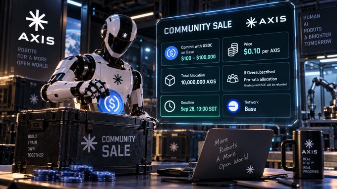 A promotional graphic for an 'AXIS COMMUNITY SALE' features a robot holding a USDC coin, with details including a price of $0.10 per AXIS, a total allocation of 10,000,000 AXIS, and a deadline of Sep 28, 13:00 SGT.