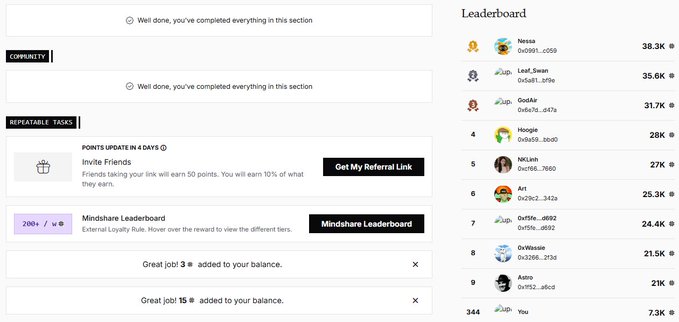 A leaderboard and task panel screenshot from quipnetwork showing "You" ranked #344 with 7.3K points, alongside a Repeatable Tasks section featuring "Invite Friends" (worth 50 points) and the Mindshare Leaderboard task (200+ points), with confirmation messages that 3 and 15 points were added to the user's balance.