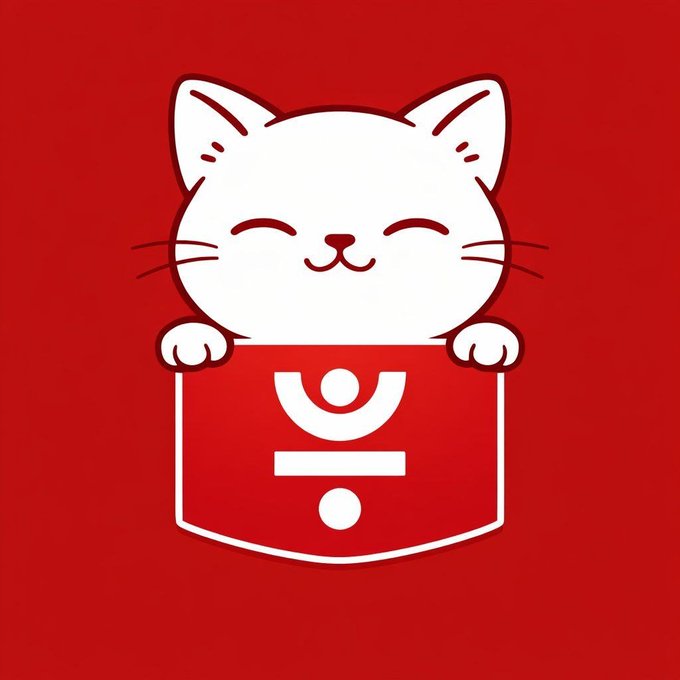 A cartoon illustration of a white cat with closed, smiling eyes peeking over a red banner/pocket that contains a stylized white 'U' logo on a red background.