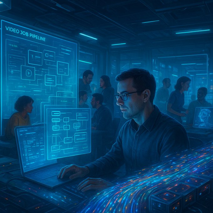 A digital illustration of a man with glasses working on a laptop in a futuristic blue-lit office, with holographic displays showing a 'VIDEO JOB PIPELINE' workflow diagram and colleagues collaborating in the background.