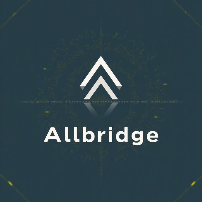 A logo graphic for 'Allbridge' featuring two stacked white chevron arrows on a dark blue background with subtle yellow particle effects.