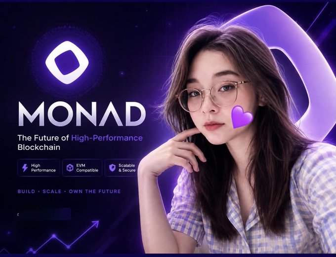 A promotional graphic for Monad features a young woman with glasses and a purple heart emoji next to the "MONAD" logo and the tagline "The Future of High-Performance Blockchain," highlighting its high performance, EVM compatibility, and scalable security. The image ties into the post's bullish sentiment about $MON potentially reaching $0.10, using the futuristic, purple-themed branding to reinforce the optimistic price prediction.