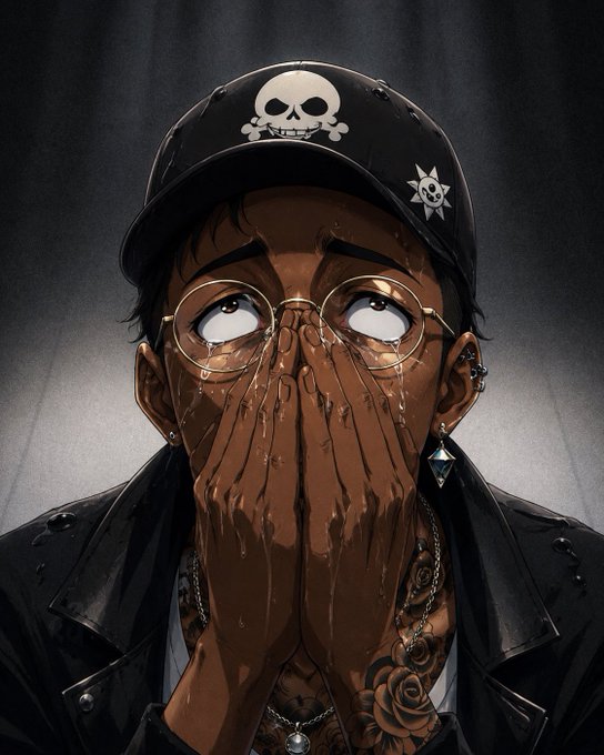 A digital anime-style illustration of a dark-skinned character wearing a black cap with a skull logo, round glasses, and a leather jacket, with both hands covering their mouth in surprise.