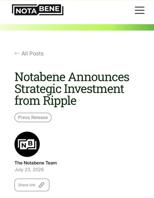 The image shows a press release page on Notabene's website titled "Notabene Announces Strategic Investment from Ripple," dated July 23, 2026, which corresponds to Ripple's investment in Notabene and the planned integration of RLUSD stablecoin into Notabene Flow's B2B payment platform.