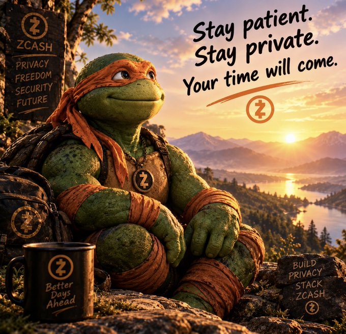 A promotional image featuring a Teenage Mutant Ninja Turtle character (resembling Michelangelo with an orange mask) in a meditation pose against a scenic sunset mountain landscape, with Zcash branding and the message 'Stay patient. Stay private. Your time will come.' along with 'ZCASH - PRIVACY FREEDOM SECURITY FUTURE' and 'BUILD PRIVACY STACK ZCASH' on nearby stones.