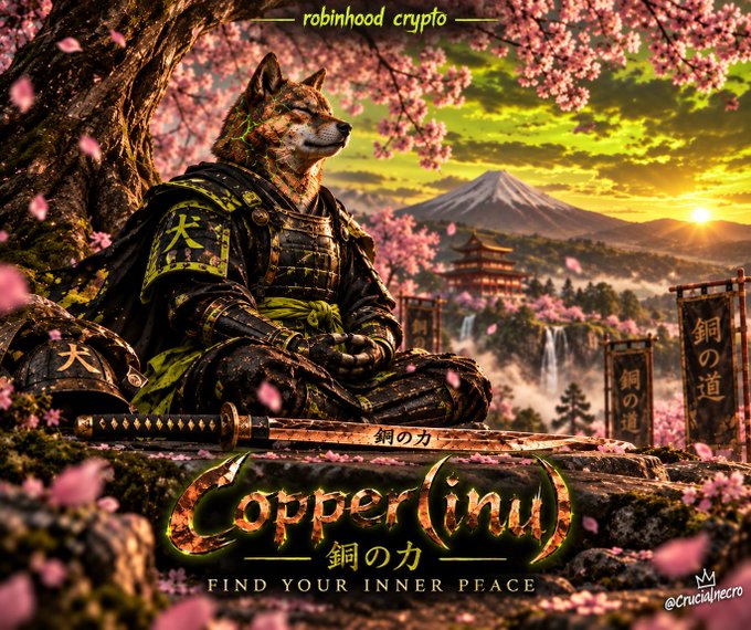 A digital artwork of an anthropomorphic Shiba Inu dog wearing samurai armor, sitting in a meditative pose with cherry blossoms and Mount Fuji in the background, titled 'Copper Inu' with text 'robinhood crypto' and 'FIND YOUR INNER PEACE'.