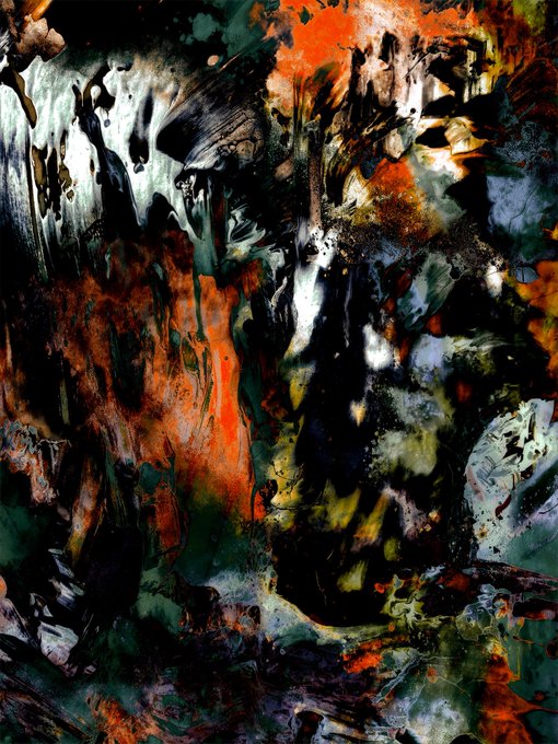An abstract mixed-media artwork featuring heavy textures, drips, and smears in dark greens, blacks, vibrant orange, and white tones.