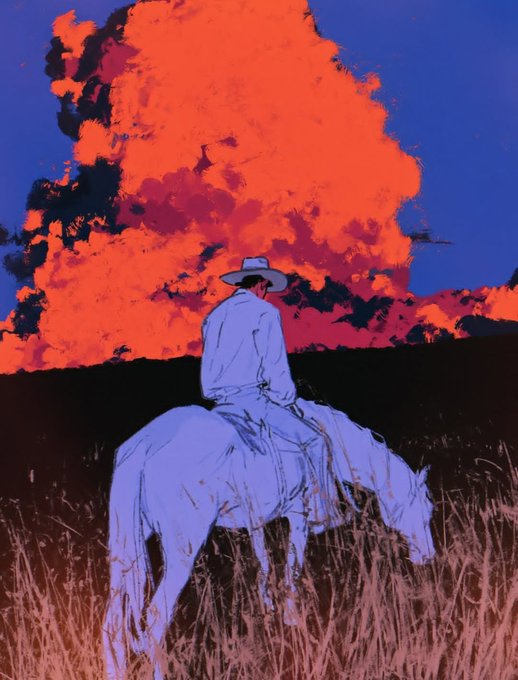 A stylized digital illustration shows a cowboy in a white hat on horseback, silhouetted against a massive orange-red cloud and dark blue sky.