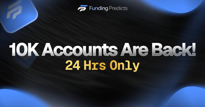 A promotional banner with a dark, textured background and blue rounded shapes, displaying the text '10K Accounts Are Back!' in white and '24 Hrs Only' in yellow, with a 'Funding Predicts' logo at the top.