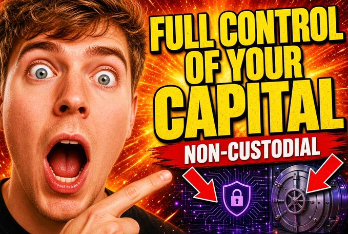 A shocked man points toward blockchain vault and vault imagery beneath bold text reading “FULL CONTROL OF YOUR CAPITAL” and “NON-CUSTODIAL.” The design promotes FBYTio’s transparent, on-chain Solana money management, emphasizing that users keep their funds in their own wallets and can inspect trades.