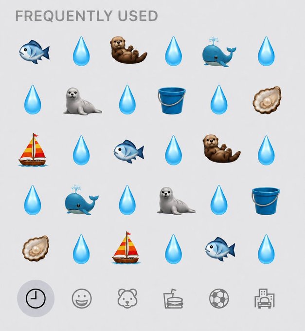 An iPhone emoji keyboard showing the 'FREQUENTLY USED' category with water drops alternating with fish, otters, whales, buckets, oysters, and sailboats.