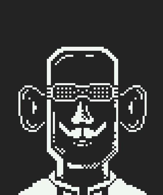 A black and white pixel art illustration of a person wearing shutter shades and large headphones.