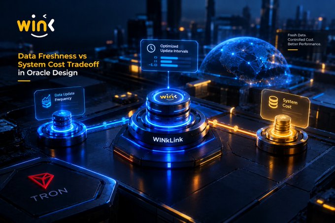 A promotional graphic for WinLink titled 'Data Freshness vs System Cost Tradeoff in Oracle Design' features 3D holographic elements and a TRON logo.