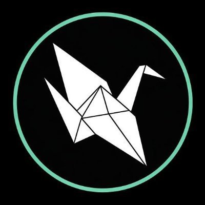 A logo featuring a white origami-style paper crane or bird inside a teal circle on a black background.