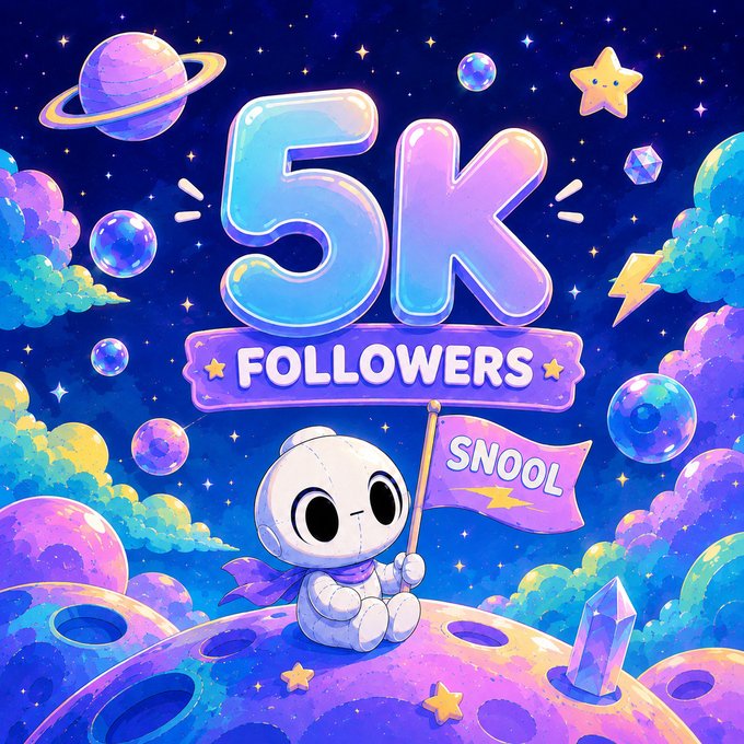 Celebratory illustration marking '5K Followers' for 'SNOOL,' featuring a cute astronaut character holding a flag on a colorful planet in a cosmic space setting.