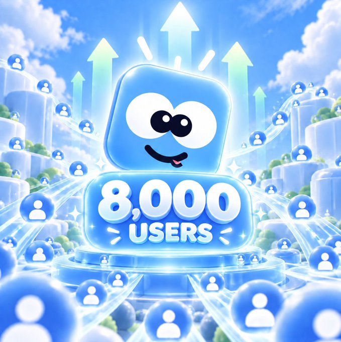 A celebratory 3D graphic showing a blue smiling app icon with eyes, standing above a pedestal displaying '8,000 USERS', surrounded by floating user avatars and upward arrows against a sky background.