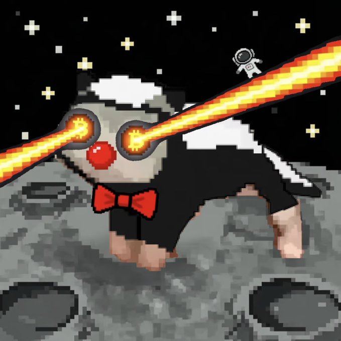 A pixel-art cat wearing a red bow tie stands on a gray cratered surface under a starry sky, with fiery laser beams shooting from its glowing orange eyes.