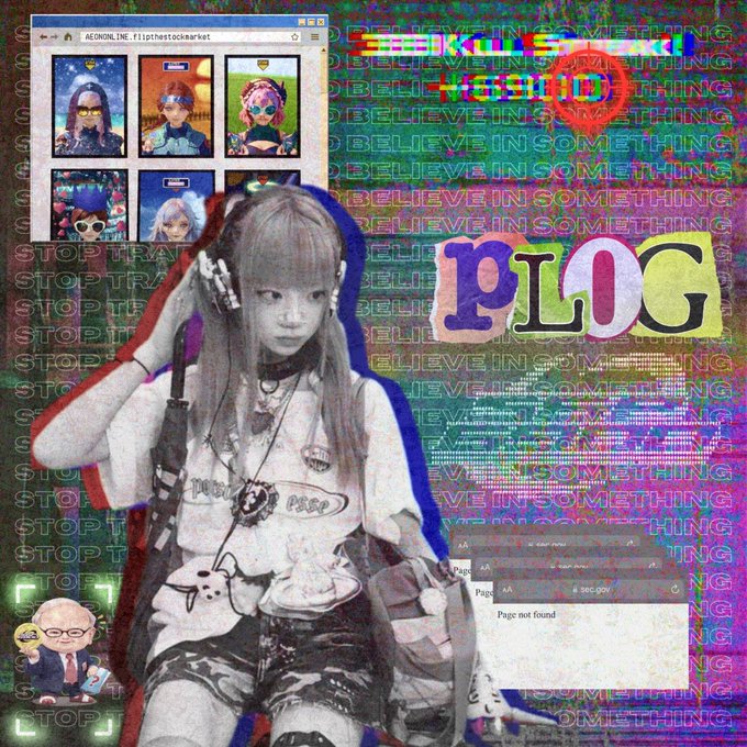 A glitchy, vaporwave-style collage featuring a young woman in the center, surrounded by repeating text "BELIEVE IN SOMETHING," "STOP TRA[DE]," "PLOG," and various small images including a Bernie Sanders meme.