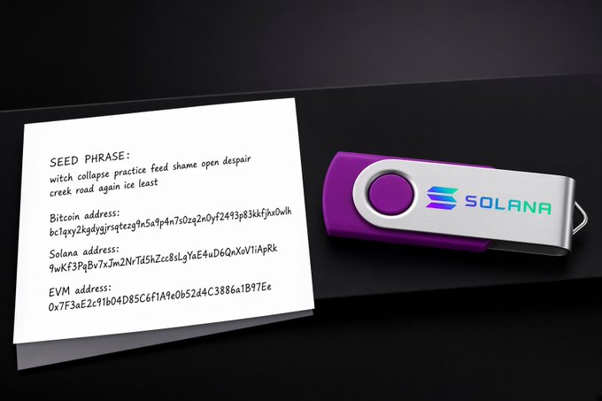 A purple and silver USB drive with the Solana logo sits on a dark surface next to a piece of paper showing a 12-word seed phrase (witch collapse practice feed shame open despair creek road again ice least) along with Bitcoin, Solana, and EVM addresses.