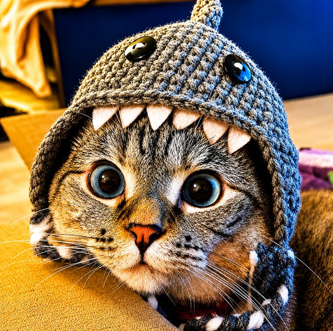 A close-up of an adorable tabby kitten wearing a gray crocheted shark hat with white teeth and button eyes.