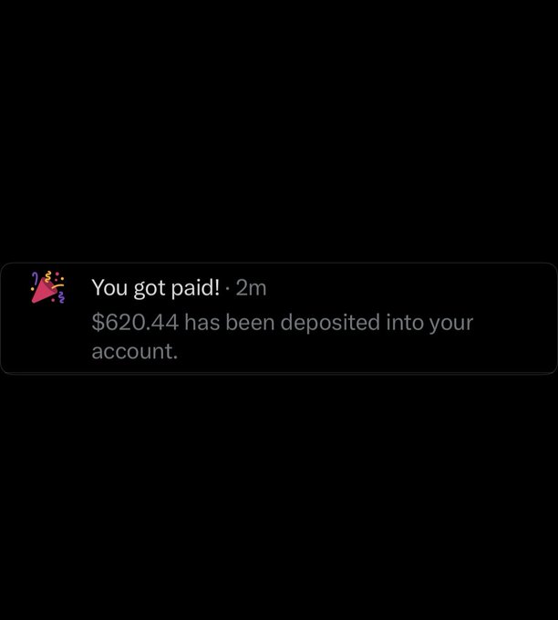 A mobile notification from an app (appearing to be Square/Cash App) displays "You got paid! $620.44 has been deposited into your account," serving as visual proof to support the post's claim of receiving payment, while also promoting a giveaway on Telegram.