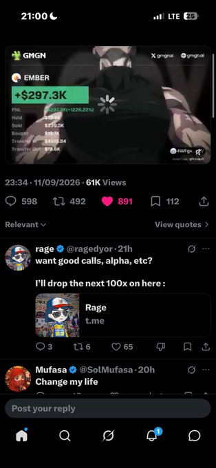 A screenshot of an X post by 'GMGN' showing a cryptocurrency called 'EMBER' with a market cap of $297.3K and 61K views, followed by comments including one from 'rage' promoting alpha calls and another from 'Mufasa' saying 'Change my life'.