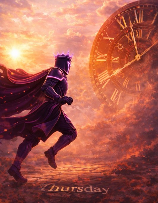 A digital fantasy artwork showing a hooded, masked figure wearing a red crown and flowing red cape, running or leaping toward a giant clock face in a dramatic, sunlit cloudy sky, with 'Thursday' written at the bottom.