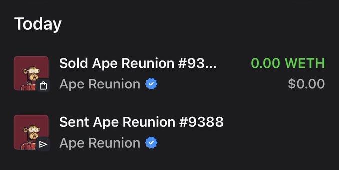 A dark-themed activity log from an NFT platform showing two entries: 'Sold Ape Reunion #93...' for 0.00 WETH ($0.00) and 'Sent Ape Reunion #9388', both displaying a cartoon ape icon.