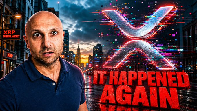 A bald man with an alarmed expression stands in front of a dark cityscape next to a glitchy "XRP" logo and the bold red text "IT HAPPENED AGAIN," referencing the post's comparison between XRP's previous 580% rally and its current setup building toward a similar breakout.