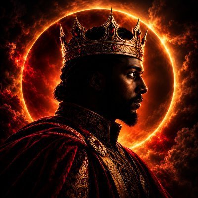 A dramatic digital artwork featuring the silhouette of a bearded king wearing an ornate golden crown, set against a glowing solar eclipse and fiery clouds.