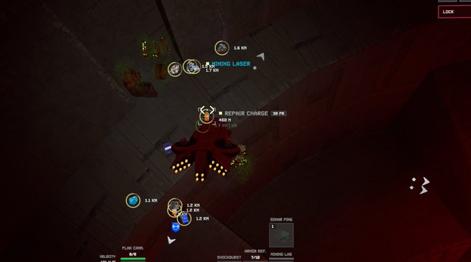 A screenshot from a sci-fi space combat video game showing a spaceship with a 'REPAIR CHARGE' status at 461%, surrounded by targeting indicators labeled 'MINING LASER' at various distances, with a 'DOWN PING' interface and 'LOCK' indicator visible.