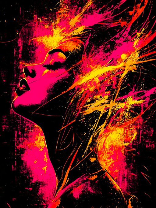 A vibrant pop-art style silhouette of a woman's profile in pink and yellow with paint splatter effects against a black background.