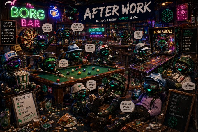 A colorful, busy illustration of a bar called 'The BORG Bar' featuring cartoon robot and alien characters with neon signs reading 'AFTER WORK - WORK IS DONE. CHAOS IS ON.' and a chalkboard showing 'TONIGHT'S PLAN'.