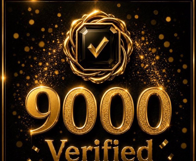 A digital badge or graphic with a black gemstone and gold accents displaying the text '9000 Verified' against a sparkling black background.