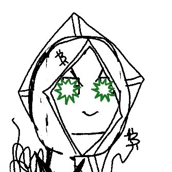 A simple line drawing of a hooded figure with green spiky eyes, dollar signs drawn around it, and one hand raised.