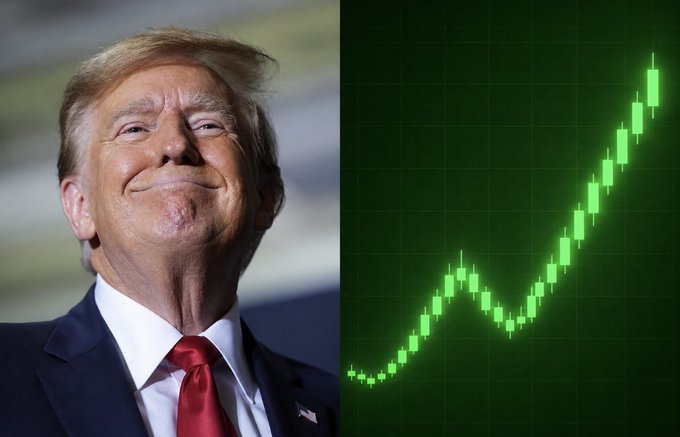President Donald Trump smiles confidently on the left, paired with a green upward-trending cryptocurrency chart on the right, visually capturing the bullish market sentiment following his speech announcing plans for the US to acquire BTC and alts while pushing pro-crypto legislation like the Clarity Act.