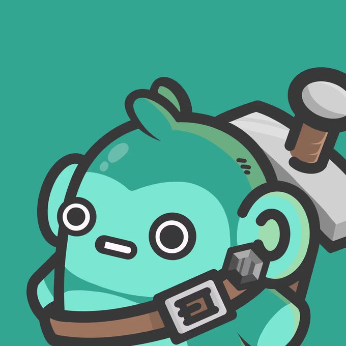 A cartoon illustration of a cute teal-colored round character with small ears, wide eyes, and a brown belt, carrying a sword on its back, set against a solid teal background.
