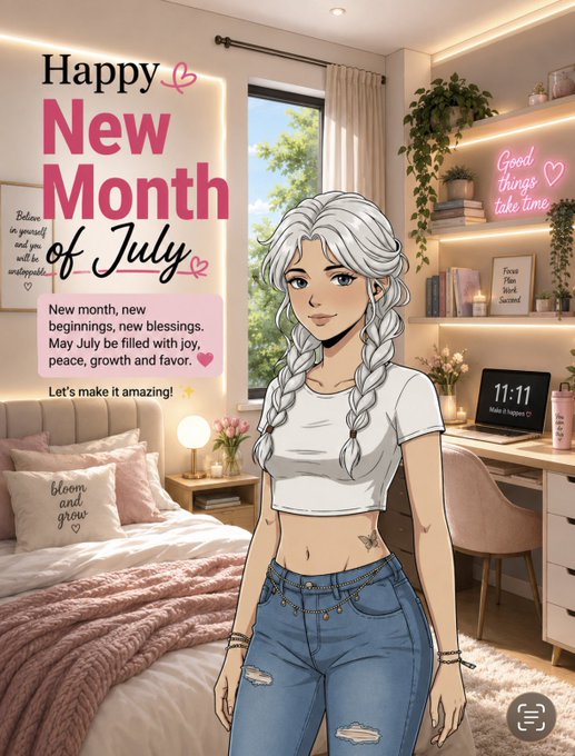 An anime-style illustration of a girl with white braided hair stands in a cozy bedroom, accompanied by 'Happy New Month of July' text and motivational quotes.