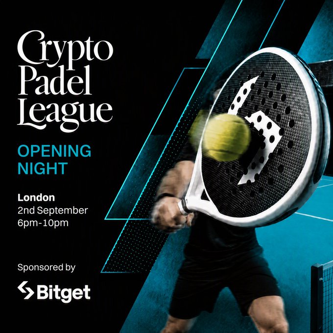 The image is a promotional graphic for the "Crypto Padel League Opening Night," sponsored by Bitget, taking place in London on 2nd September from 6pm-10pm. It features a player swinging a padel racket at a ball on a teal and black court backdrop, visually promoting the evening event that Bitget is supporting with food sponsorship for the gathering of digital-asset professionals.