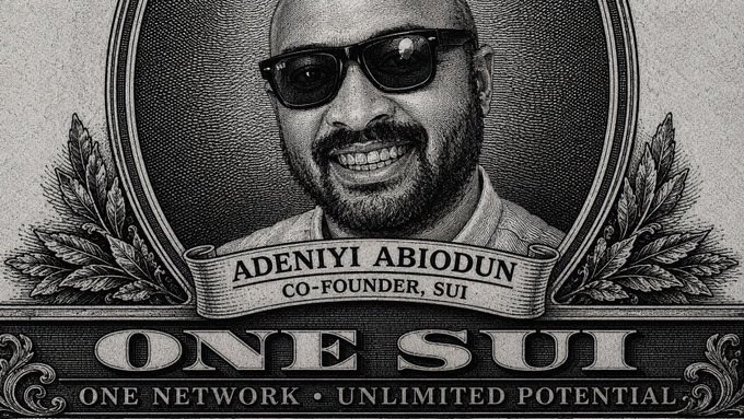 A stylized currency-note graphic features Adeniyi Abiodun, Co-Founder of Sui, wearing sunglasses, with the text "ONE SUI — ONE NETWORK • UNLIMITED POTENTIAL." The image aligns with the post's message highlighting Sui's co-founder promoting email-based logins via Sui zkLogin as a simpler path to crypto adoption.