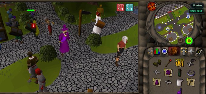 A screenshot from Solanascape, a RuneScape private server, shows a character in a purple wizard hat standing near other players and a chicken NPC, with the in-game interface displaying 3223 gold and 3218 another currency, and "39 online" indicated on the minimap—visually supporting the post's claim that 100k gp equals just $4.