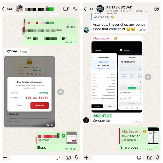 A collage of WhatsApp chat screenshots showing conversations in 'AZ TASK SQUAD' and another chat, featuring transaction details, a $40 trial fund expiring in 14 days, and references to 'Zanquantai'.