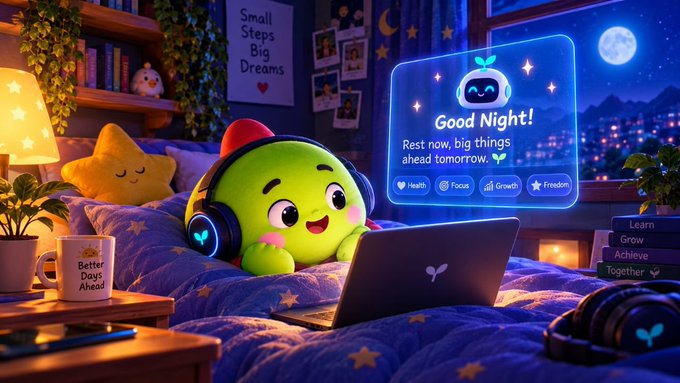 A 3D-rendered green, round character wearing headphones sits in a cozy, star-patterned bed at night, looking at a holographic screen that displays 'Good Night! Rest now, big things ahead tomorrow.'