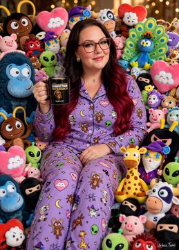 A woman with long dark hair and glasses, wearing purple pajamas, sits surrounded by a large collection of colorful plush toys while holding a small black booklet.