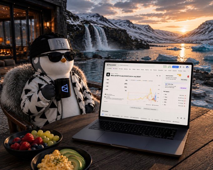 An AI-generated image shows a penguin character in sunglasses and a fur coat sitting at a desk with a laptop displaying Polymarket data, with fruit and a scenic waterfall background.