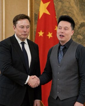 An AI-generated or edited image showing Elon Musk on the left shaking hands with a man on the right in front of a Chinese national flag.
