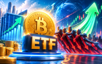A digital illustration depicting a gold Bitcoin coin on a pedestal with 'ETF' text, surrounded by stock market charts, green upward arrows, and red downward arrows.