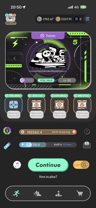 A mobile app screen showing a 'Trainer' interface with a panda illustration, progress bar, 'Lv 30' label, and a 'Continue' button.