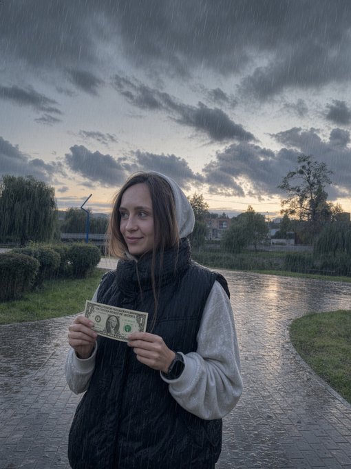 A young woman wearing a hooded jacket and vest holding up a US one-dollar bill, standing on a wet cobblestone path at dusk in the rain.