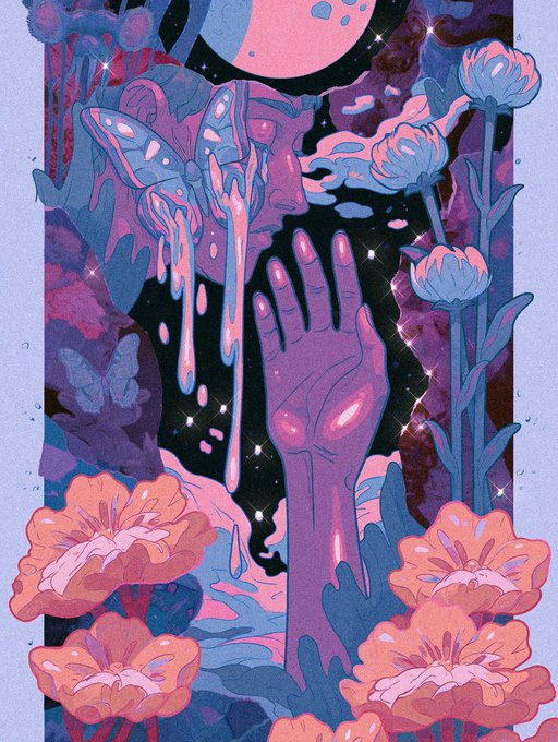 A surreal digital illustration featuring a purple hand reaching upward, a melting figure with butterfly wings, flowers, and celestial elements in a cosmic blue and pink color palette.